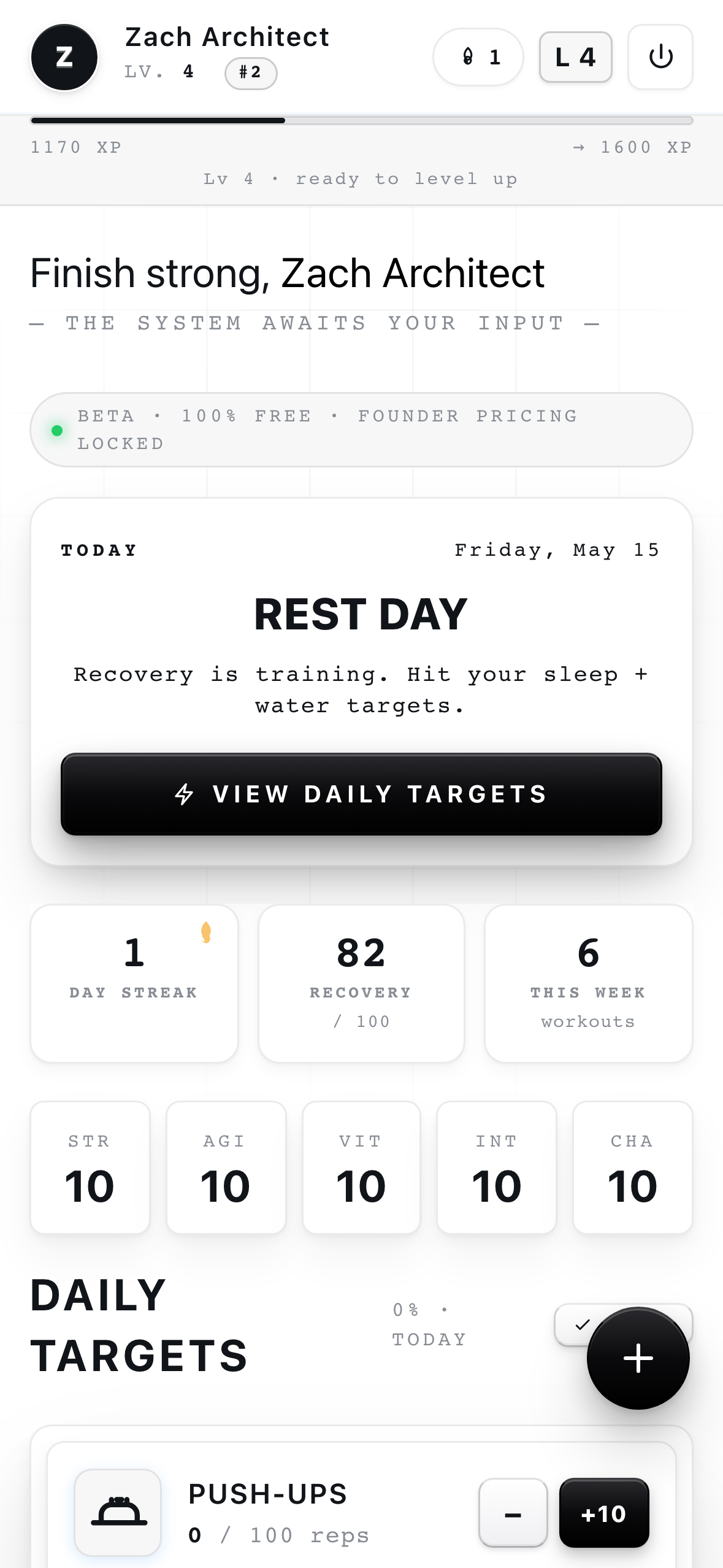 THE SYSTEM home screen — calendar, training plan, daily targets, recovery score